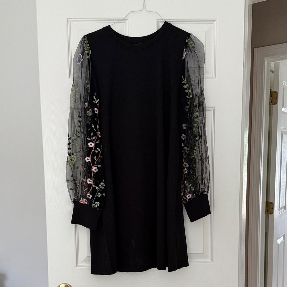 Elegant Black Dress with Floral Embroidered Sleeves